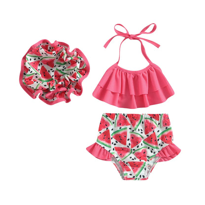 Plush girls' bikini swimsuit - halter-neck ruffle crop top, mermaid scale print, shorts, polyester, for summer vacation