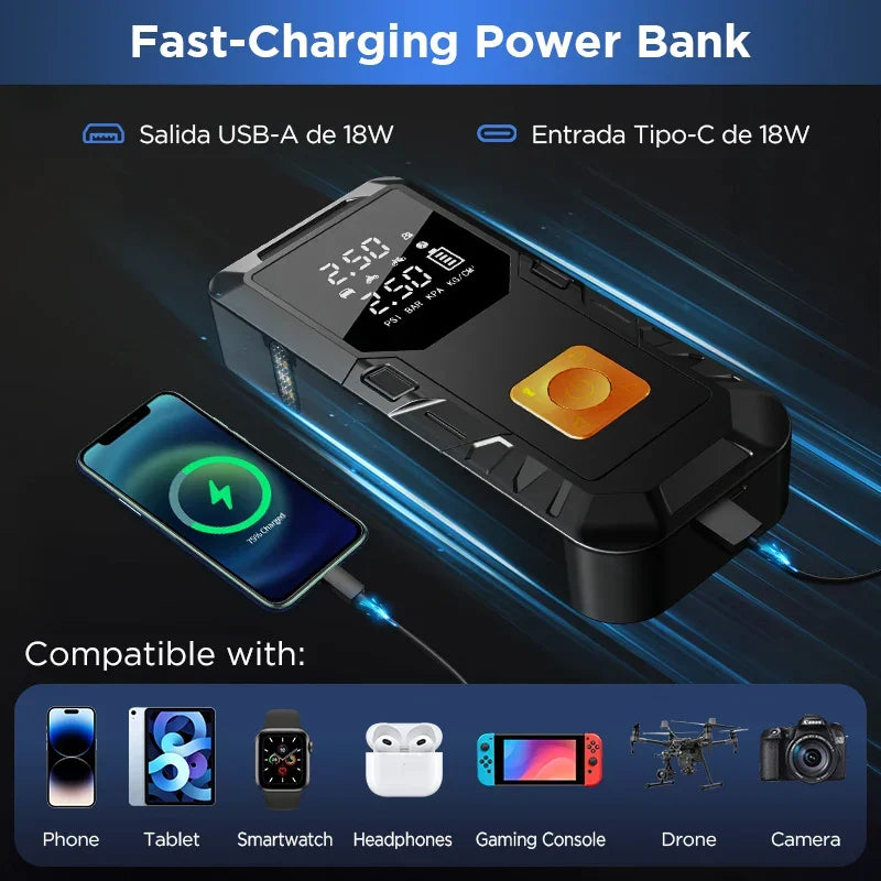 Car Jump Starter 4-In-1 Travel-Friendly Power Bank Air Compressor Fast-Charging 12V Emergency Starter Fall 2025 Gift