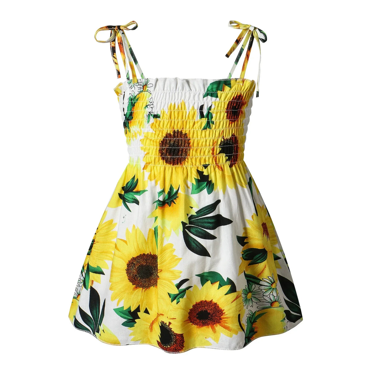 Plush girls' floral sundress - smocked bodice, polyester, for casual beach party