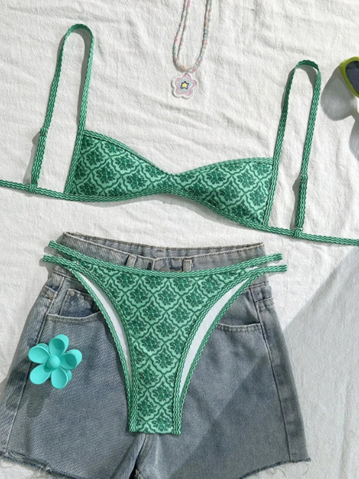 high-leg cut floral print, polyester, elastane, for swimming – Fast-dry women's bikini set