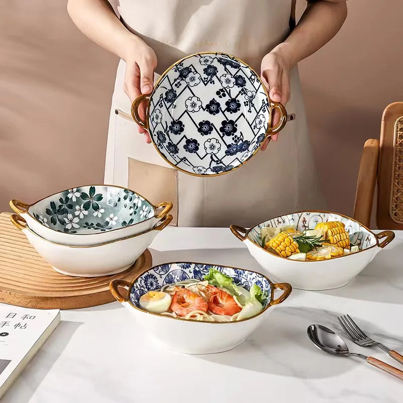 Inch 7.5 Japanese Ceramic Noodle Bowl With Handles Blue