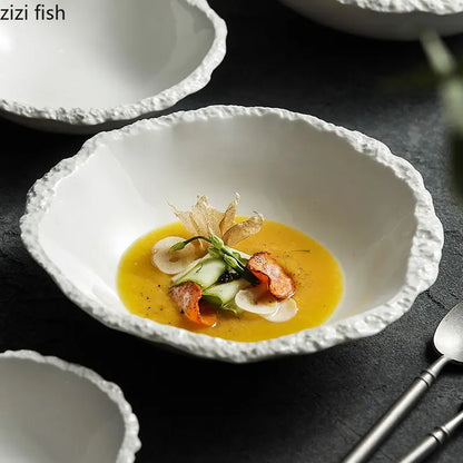 White Porcelain Rock Edge Soup Bowl Contemporary Tableware
