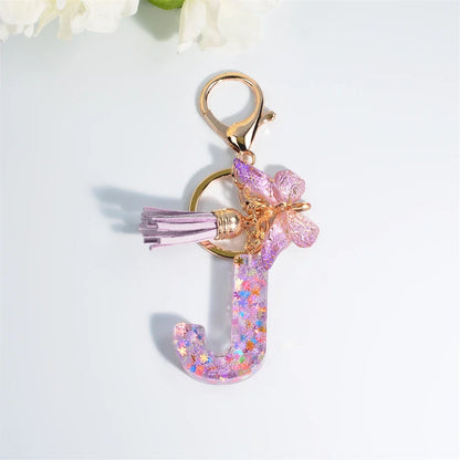 Letter Sequin Keychain With Butterfly Tassel Charm