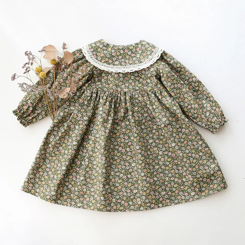 floral long-sleeve knee-length, cotton, for special occasions – Plush classic girls' dress
