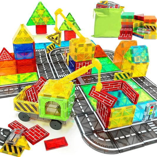 Magnetic Building Blocks Road Kit with Cars - Fun Construction Toy for Boys & Girls, Ideal Christmas & Birthday Gift for Toddlers