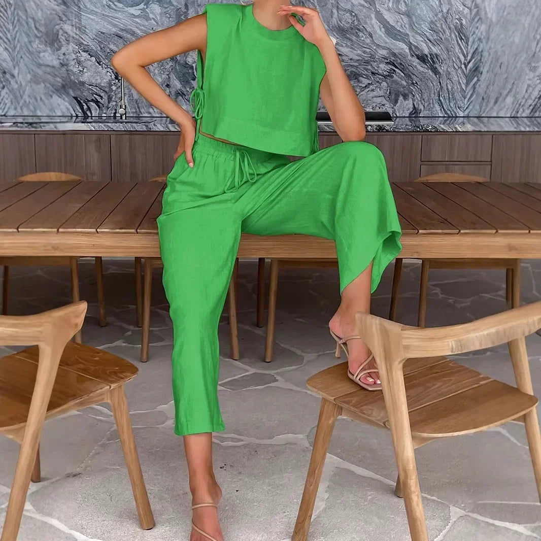 Women's Spring Summer Linen Pant Kit Crop Tops 2-Piece Outfit for Holiday