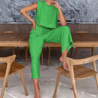 Women's Spring Summer Linen Pant Kit Crop Tops 2-Piece Outfit for Holiday