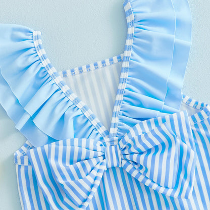 Baby Breathable Girls Swim Romper - Striped Print, Flutter Sleeves, Polyester-Elastane Blend, For Pool and Beach