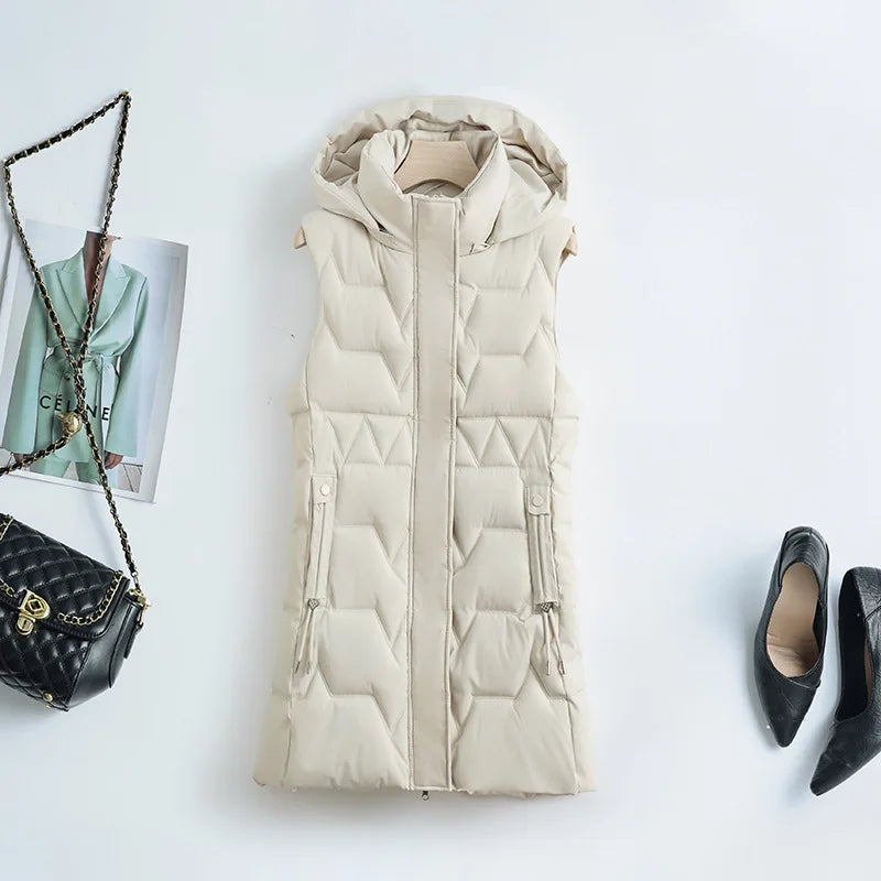 Light Cozy Women Long Puffer Vest - Hooded Down