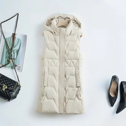 Light Cozy Women Long Puffer Vest - Hooded Down