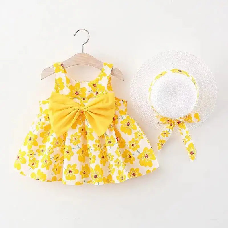 Plush baby girls dress - sleeveless, floral bow-embellished, cotton-polyester blend, for summer outings