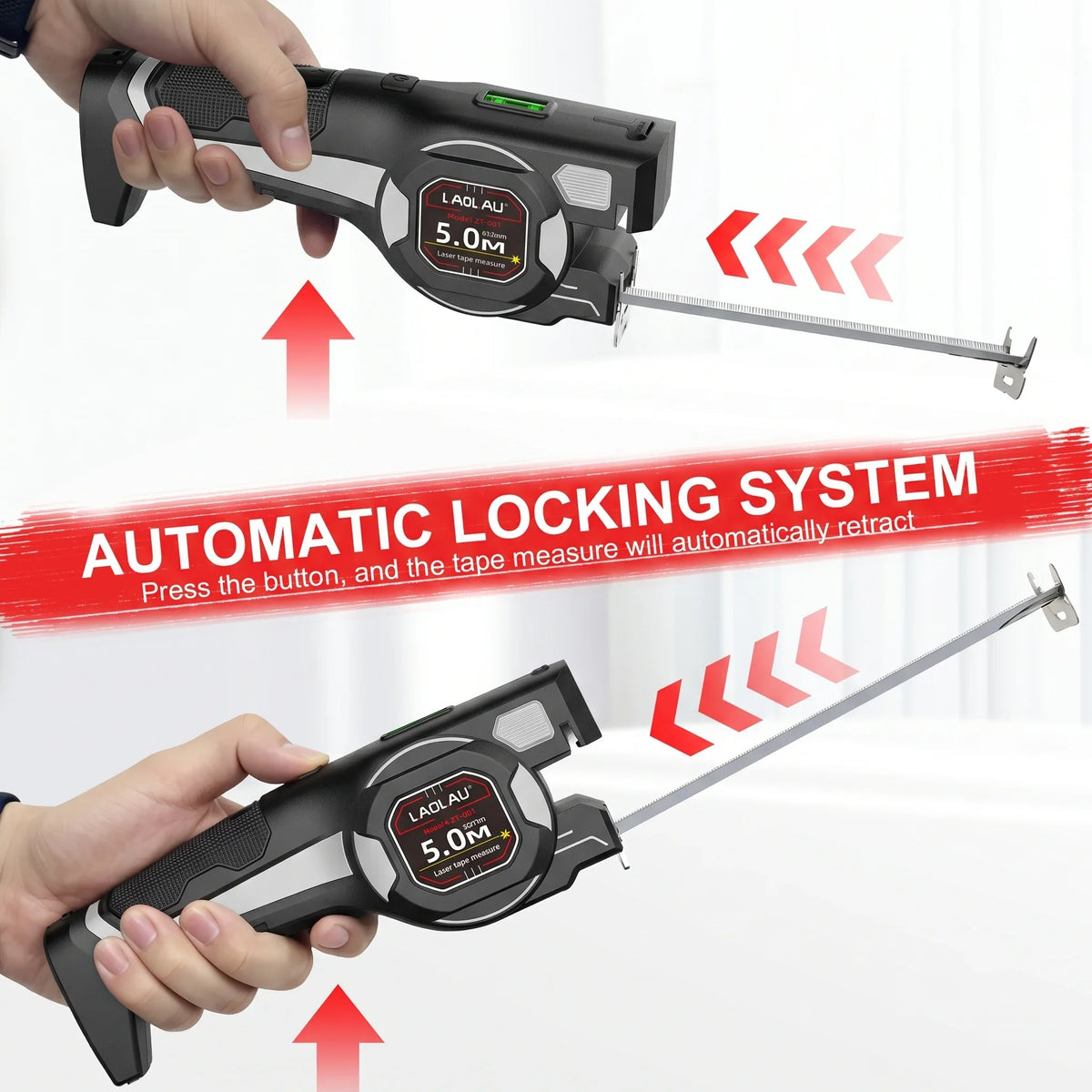 Type-C Battery-Powered Class II Laser Auto-Lock Device 2026 – LAOLAU 2-in-1 Laser Tape Measure 5M/16FT