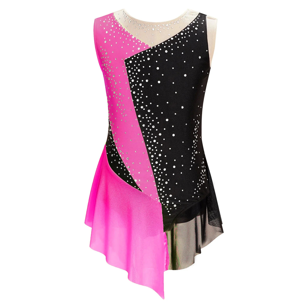 Flattering Stretchy Girls' Dance Leotard - Sleeveless Rhinestone Mesh Top, Polyester, Nylon, Elastane, For Competition