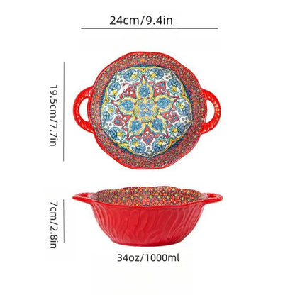 Soup Ceramic Bowl Bohemian Handle Embossed Microwave