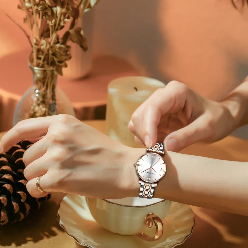 women's Timeless rose gold quartz wristwatch - stainless steel water-resistant minimalist round dial