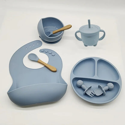 Baby Silicone Tableware Kit 8 Piece Suction Bowls Divided Plate Bib Spoon Fork Fall 2025 Self Feeding Aid