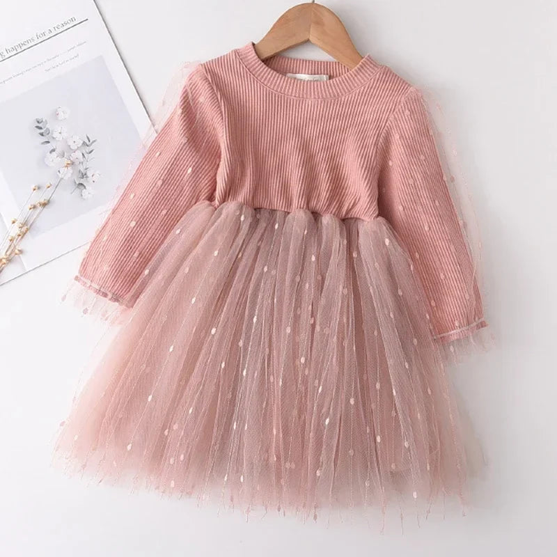 Plush Girls Dress - Long-Sleeve Knee-Length Floral Print, Cotton, For Casual Wear