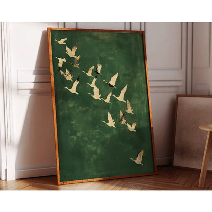 Wall Cranes Art Emerald Green Canvas With Gold Accents