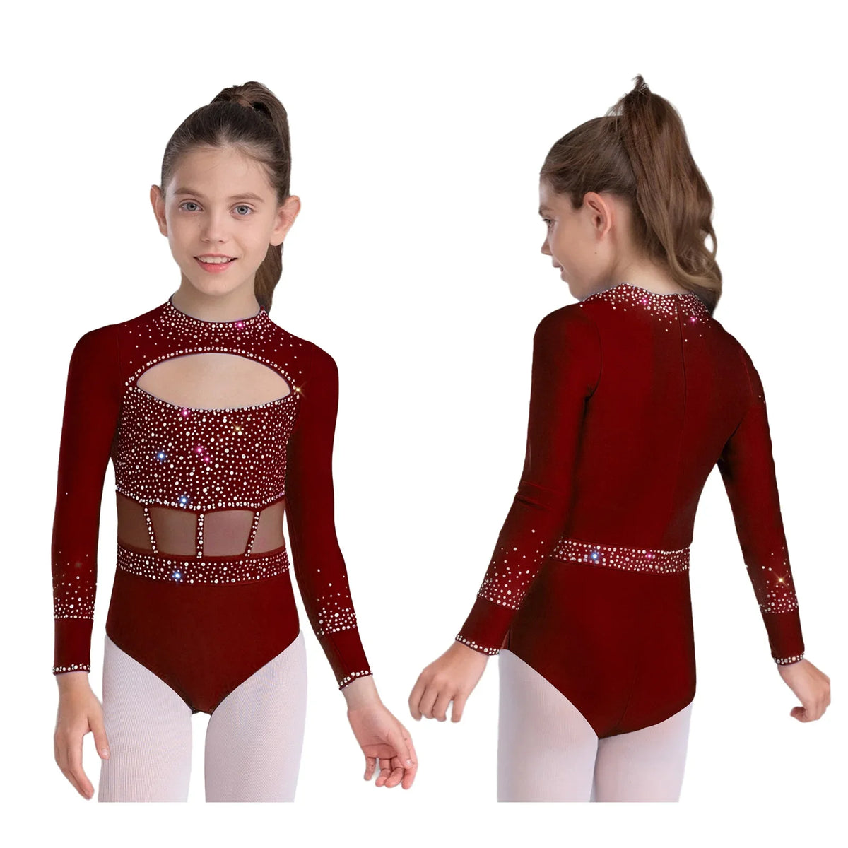 Girls' Stretchy Leotard - flattering, rhinestone-detailed, long-sleeve, mesh-panel, polyester elastane, for gymnastics