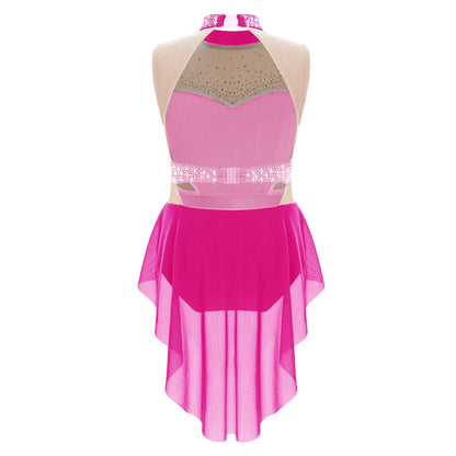 girls' Stretchy leotard - rhinestone mesh yoke, sleeveless, polyester, nylon, elastane, for lyrical dance performance