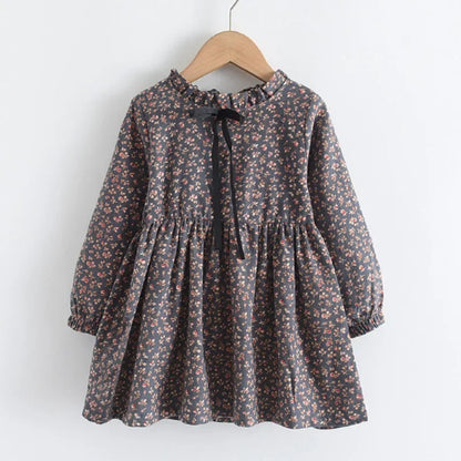 Plush Girls Dress - Long-Sleeve Knee-Length Floral Print, Cotton, For Casual Wear