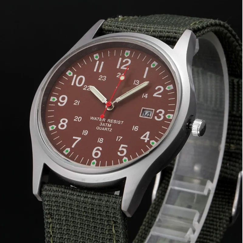 Field Quartz Watch Nylon Strap Military Style Date Luminous
