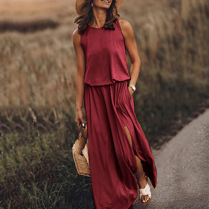 Spring/Summer Women's Trendy Retro Sleeveless Dress, Solid Color Two-Piece Kit