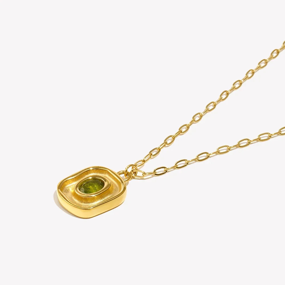 Necklace Green Zircon - Stainless Steel Paperclip Chain, 18K Gold Plated, Hypoallergenic Water-Resistant Jewelry Fall 2026 Gift