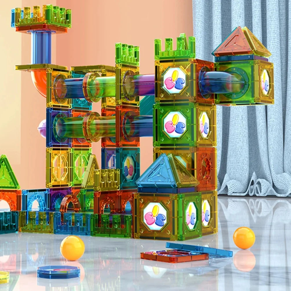 3D Magnetic Building Tiles for Kids - Clear STEM Educational Toys, Creative Marble Run Blocks Kit