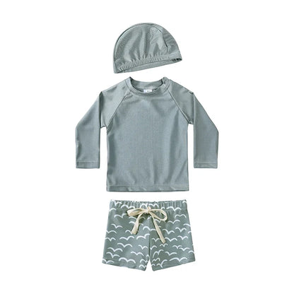 Long-Sleeve Top, Swim Pants, Hat, Polyester Elastane, Beach Vacation – Breathable Kids Rash Guard Swim Kit