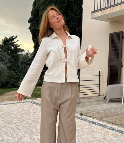 Elegant Cream Silk Blouse with Bow Bands and Wide Cuffs, Long Sleeve Tops for Women-6