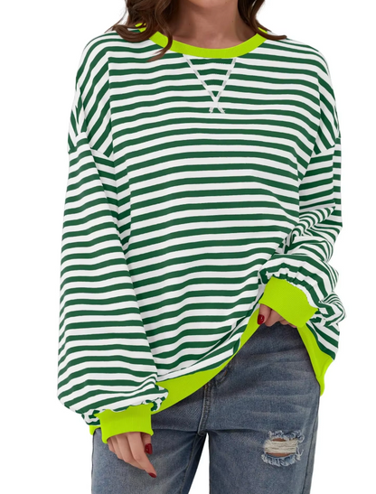 Women's Oversized Sweatshirt - Boxy Striped Cotton Casual