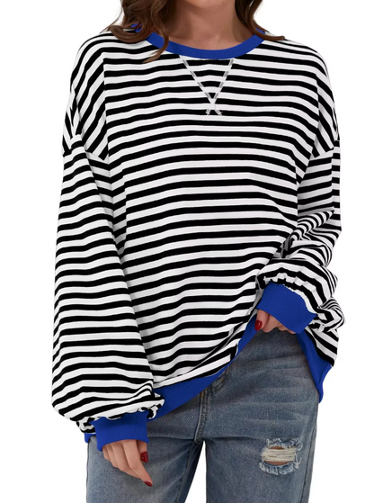 Women's Oversized Sweatshirt - Boxy Striped Cotton Casual