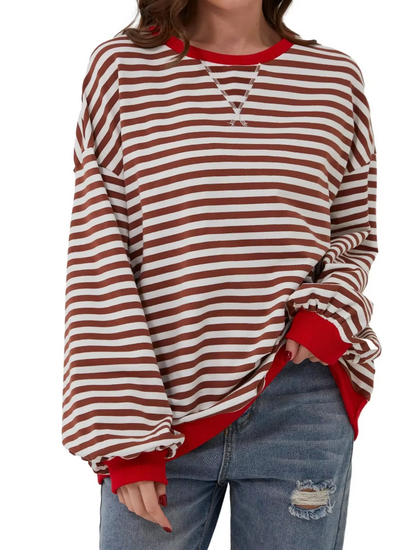 Women's Oversized Sweatshirt - Boxy Striped Cotton Casual