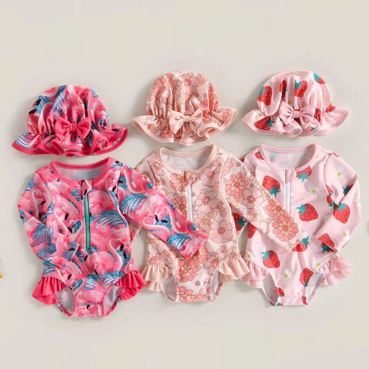 long-sleeve zipper, flamingo floral print, polyester, for summer – Light infant girl’s swimwear jumpsuit