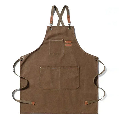 Chef Apron Canvas Crossback Utility Apron With Leather Trim And Pockets Fall 2025 Sturdy BBQ Workshop