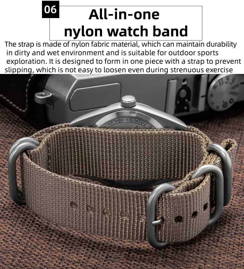 Water-Resistant Diver Quartz Watch Luminous Hands, Nylon Strap, 100m Water Resistance