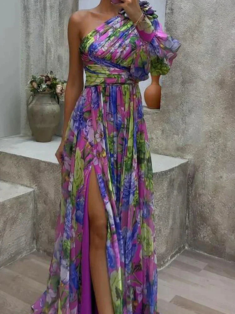 Variant image for Lilac Maxi Dress with Side Slit and Capucine Print, Elegant Long Dress for Women, Fluid Fabric for Casual and Formal Occasions-1