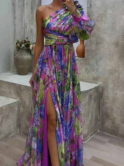 Lilac Maxi Dress with Side Slit and Capucine Print, Elegant Long Dress for Women, Fluid Fabric for Casual and Formal Occasions-1