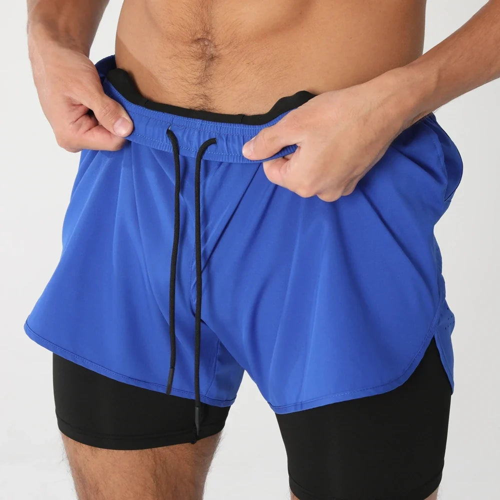Fast-dry men's 2-in-1 running shorts - lightweight lined, polyester, for gym and summer training