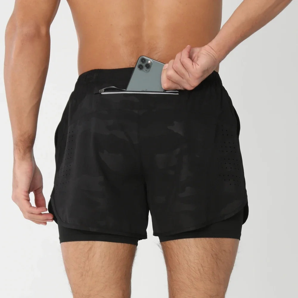 Fast-dry men's 2-in-1 running shorts - lightweight lined, polyester, for gym and summer training