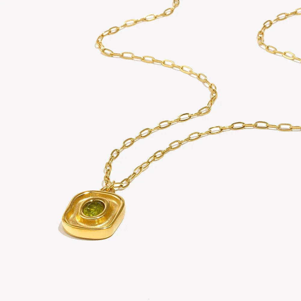 Necklace Green Zircon - Stainless Steel Paperclip Chain, 18K Gold Plated, Hypoallergenic Water-Resistant Jewelry Fall 2026 Gift
