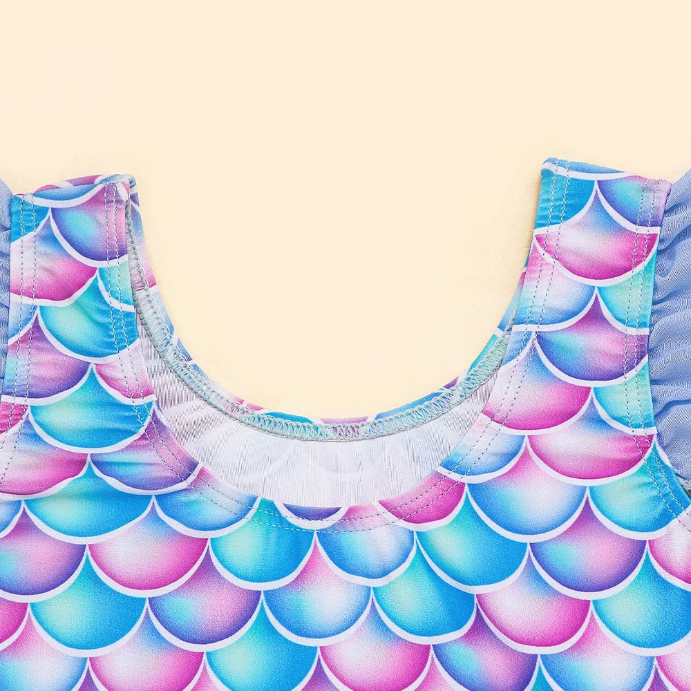 Mermaid-Scale Print, Ruffle Sleeves, Tulle, Polyester Elastane, Beach – Fast-Dry Sturdy Girls' One-Piece Swimsuit