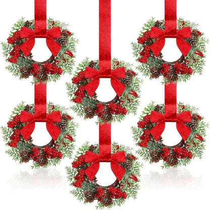 Christmas Wreaths Kit Of 6 Mini Cabinet Wreaths With Red Bows Farmhouse Holiday 2025 Artificial Sturdy Decor