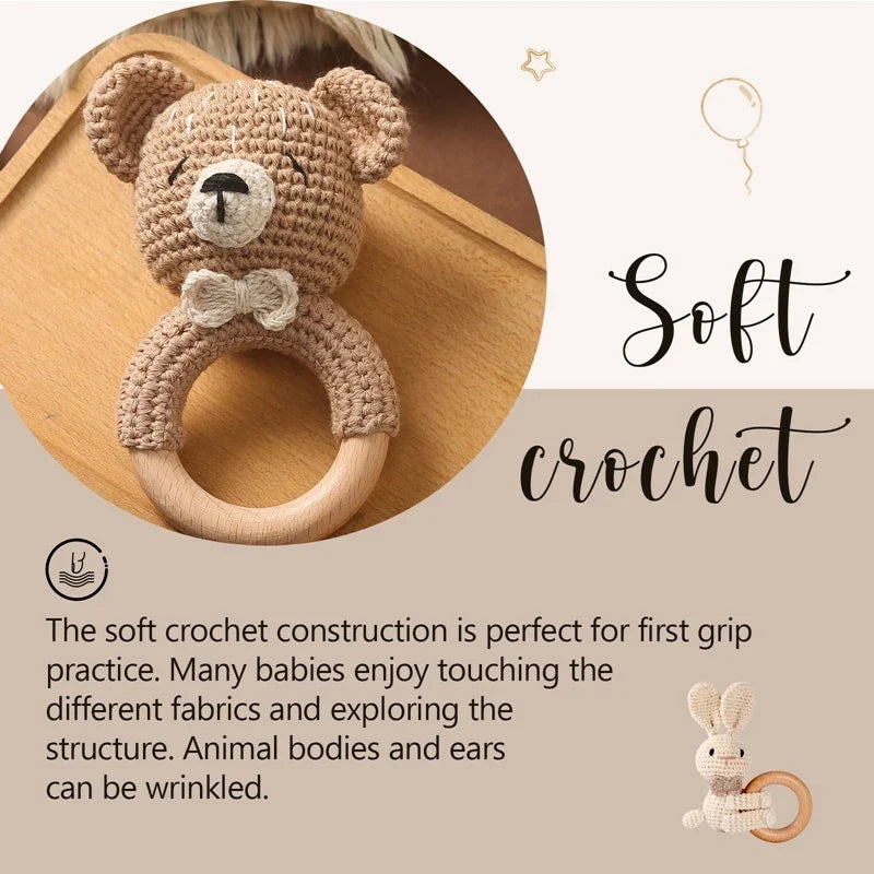 Bear Crochet Teether Rattle Ring Newborn Sensory Toys