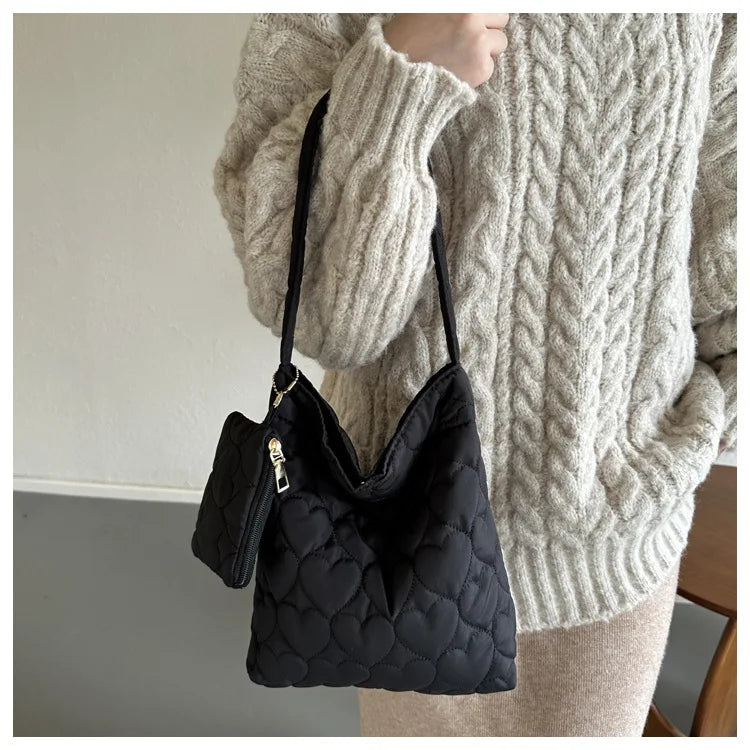 padded square shoulder bag, polyester, casual everyday – Cozy women's quilted tote