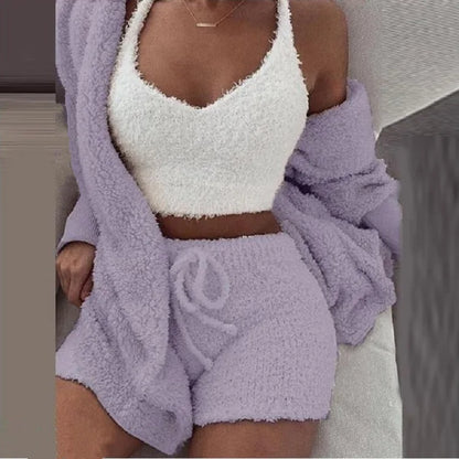 Fluffy Pajamas Kit for Women Plus Size Tank Top Shorts Winter Sleepwear