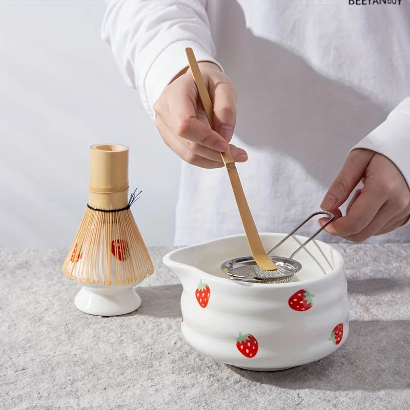 Matcha Bowl Kit Ceramic Strawberry Whisk Chasen Kit