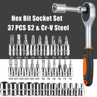 Household Tools Drive Socket Kit - 1/4 Inch Ratchet Wrench & Metric Hex Bit Kit for Mechanics