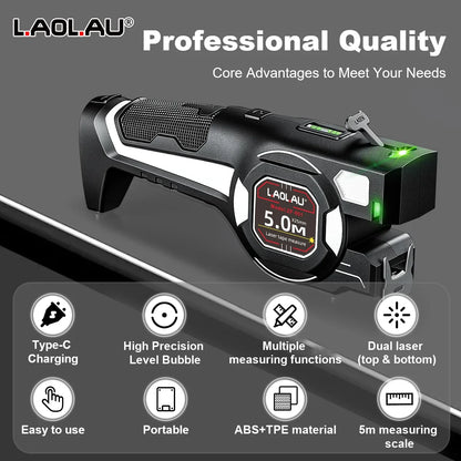 Type-C Battery-Powered Class II Laser Auto-Lock Device 2026 – LAOLAU 2-in-1 Laser Tape Measure 5M/16FT
